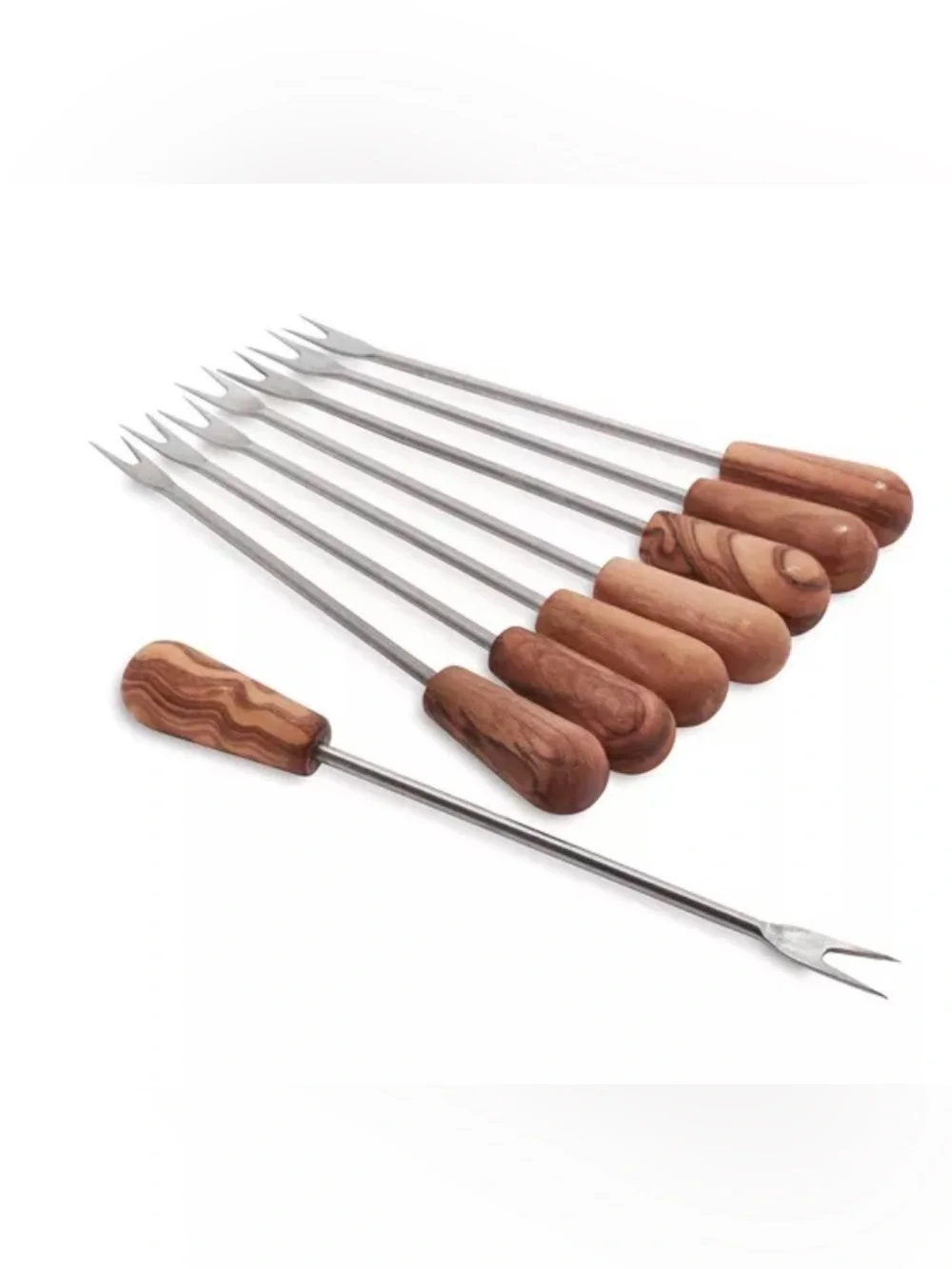 NWT “Sur La Table” (8) Olive Wood Handle w/ stainless steel DBL pronged picks